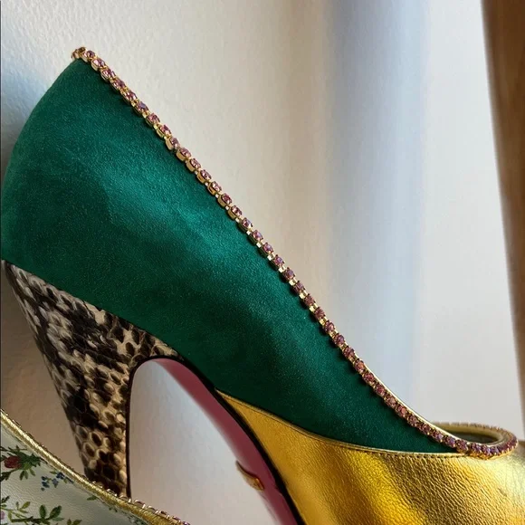 Gucci Emerald and Gold Heels w/ Rhinestone - Picture 6 of 7